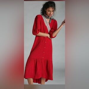 Maeve by Anthropologie Red Textured Button Front Midi Maxi Boho Dress Medium